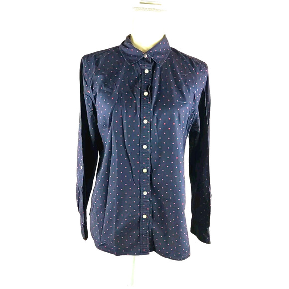 Talbots Women's Shirt Size 12 Roll Tab Cotton Navy Blue Red Polka Dot - Picture 10 of 10